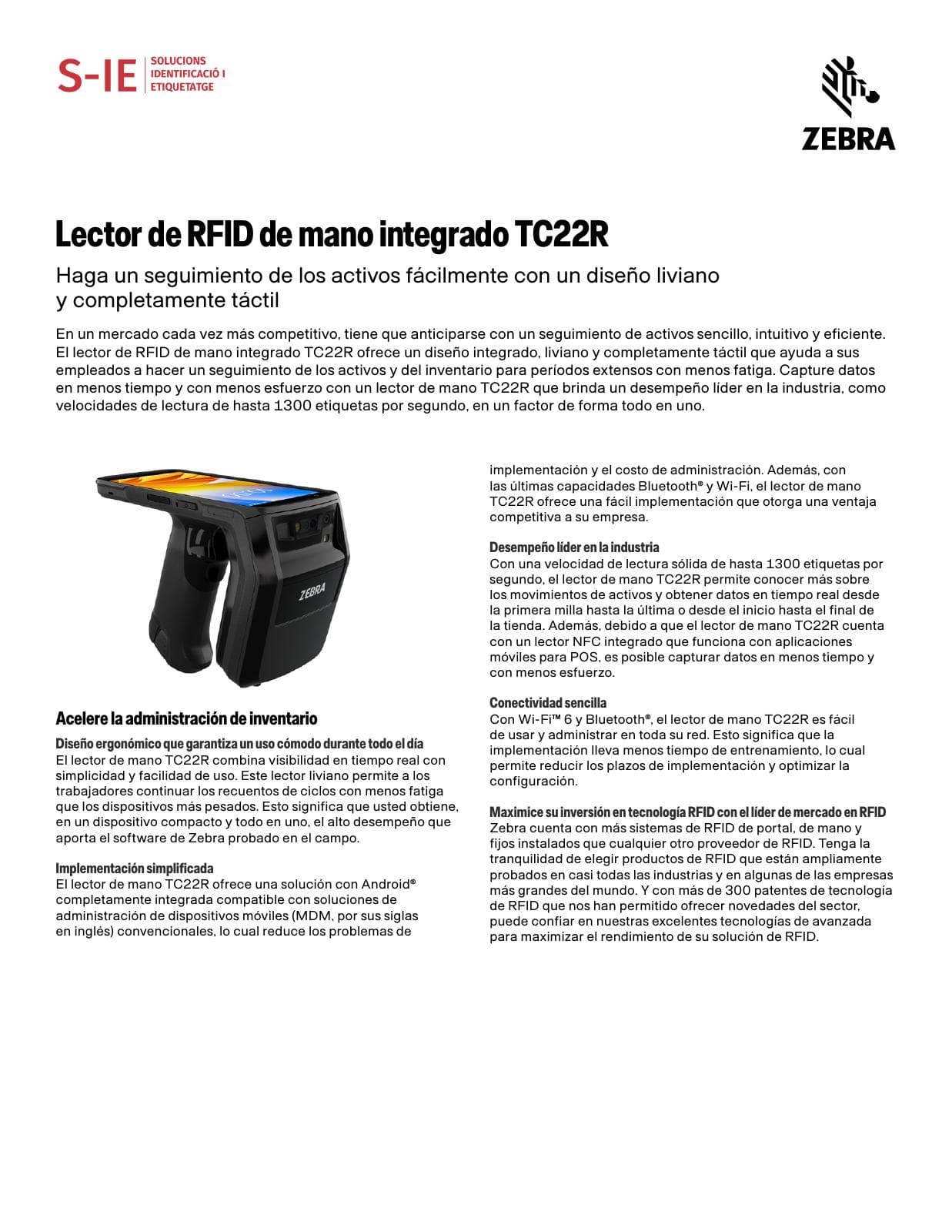 Zebra TC22R: fitxa tècnica del lector RFID de mà integrat