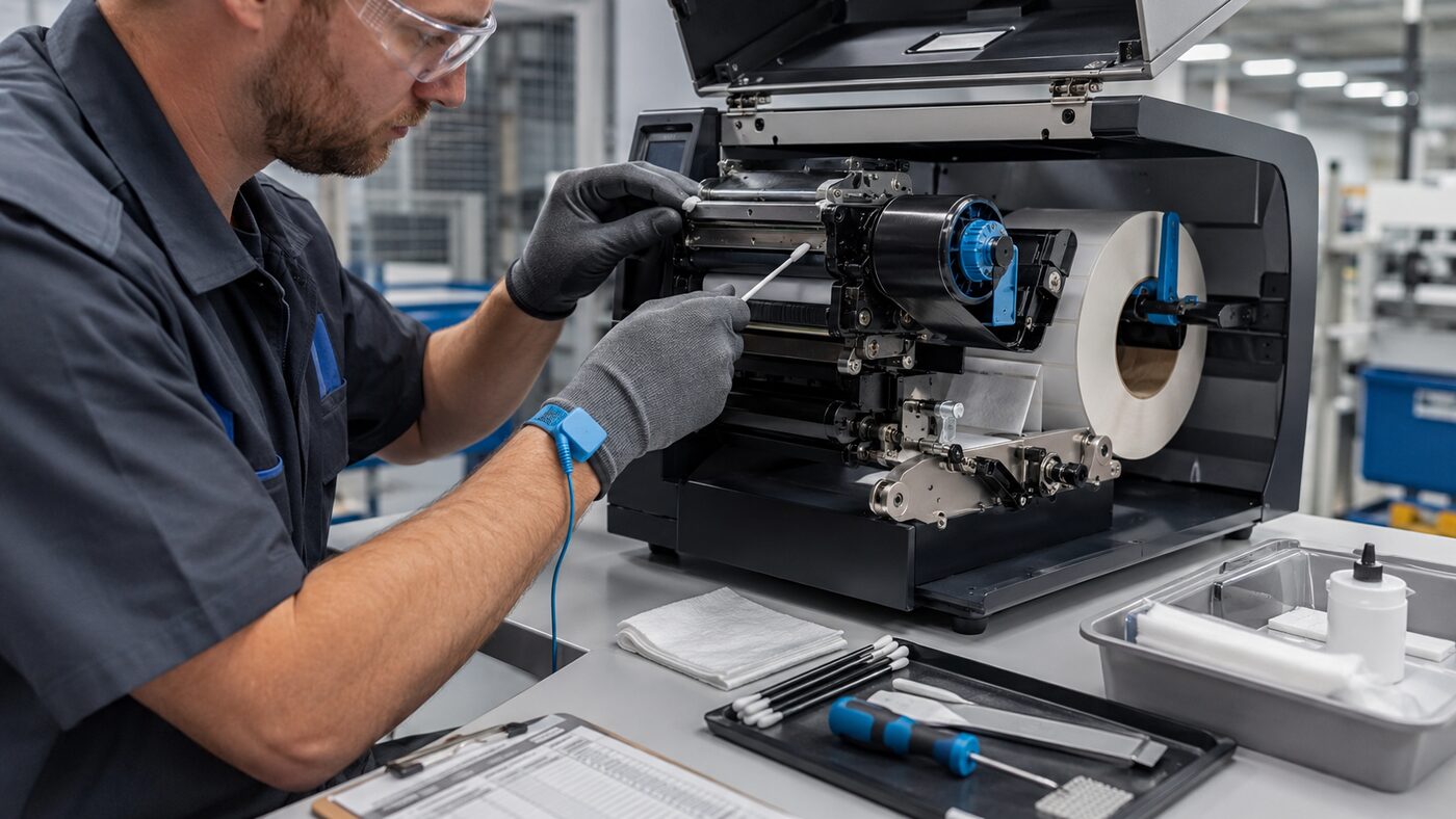 Técnico realizando mantenimiento preventivo en una impresora industrial de etiquetas